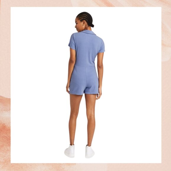 Perriwinkle Blue Ribbed Button Front Short Romper - Picture 2 of 4